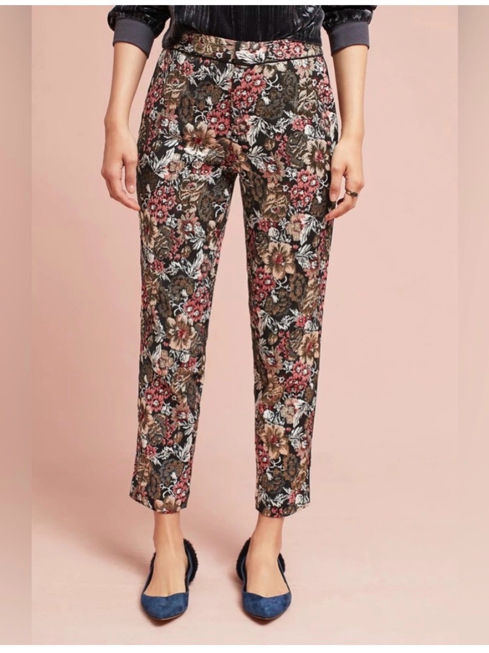 Anthropology Maeve Floral Cropped Slim Ankle Pants - Black, Pink, Cream, Brown 8